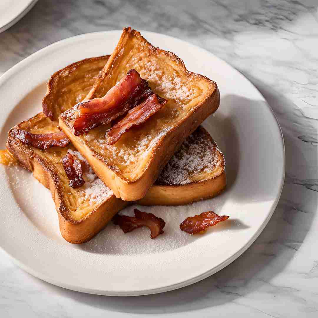 A stack of savory French toast slices topped with crispy bacon bits and melted cheddar cheese.