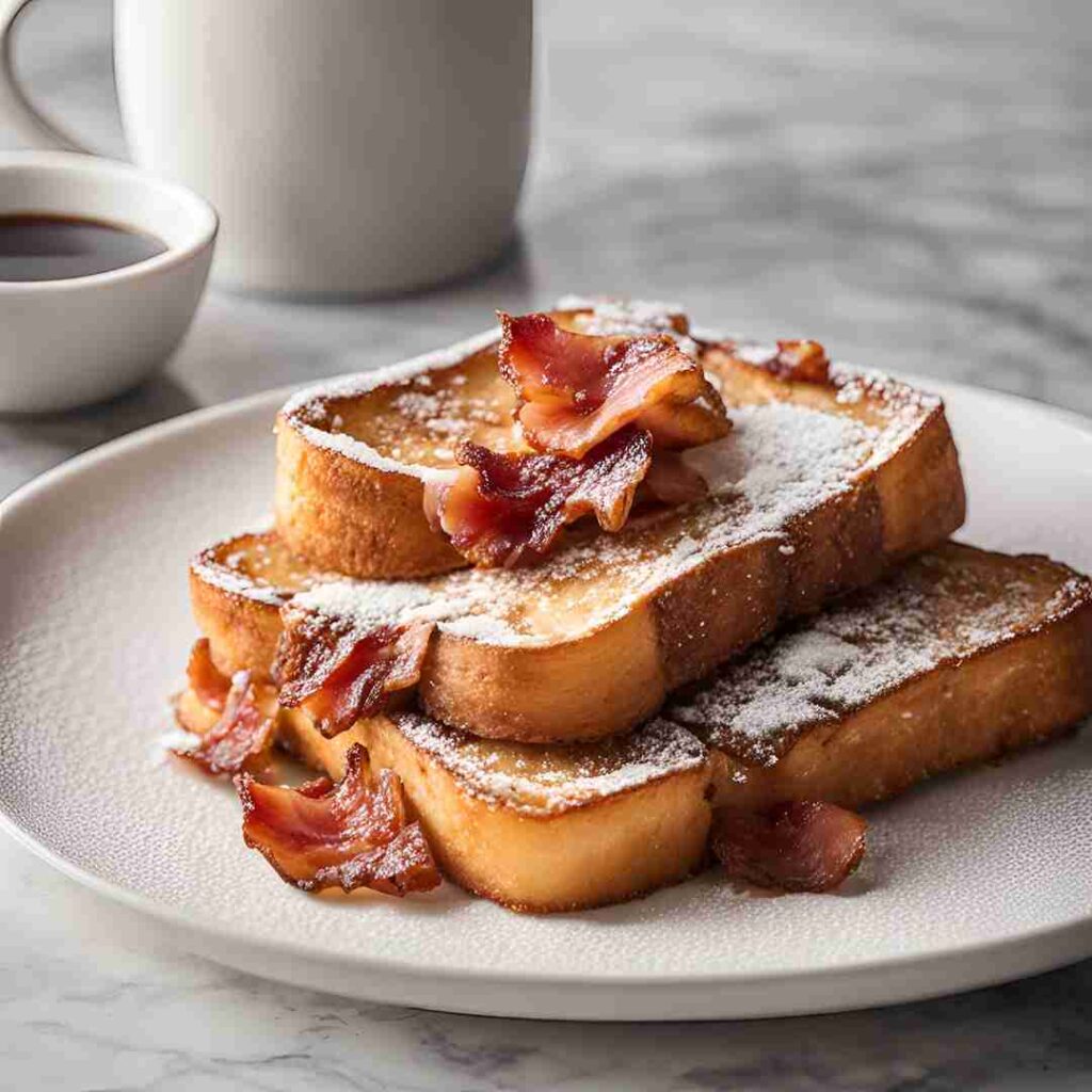 A stack of savory French toast slices topped with crispy bacon bits and melted cheddar