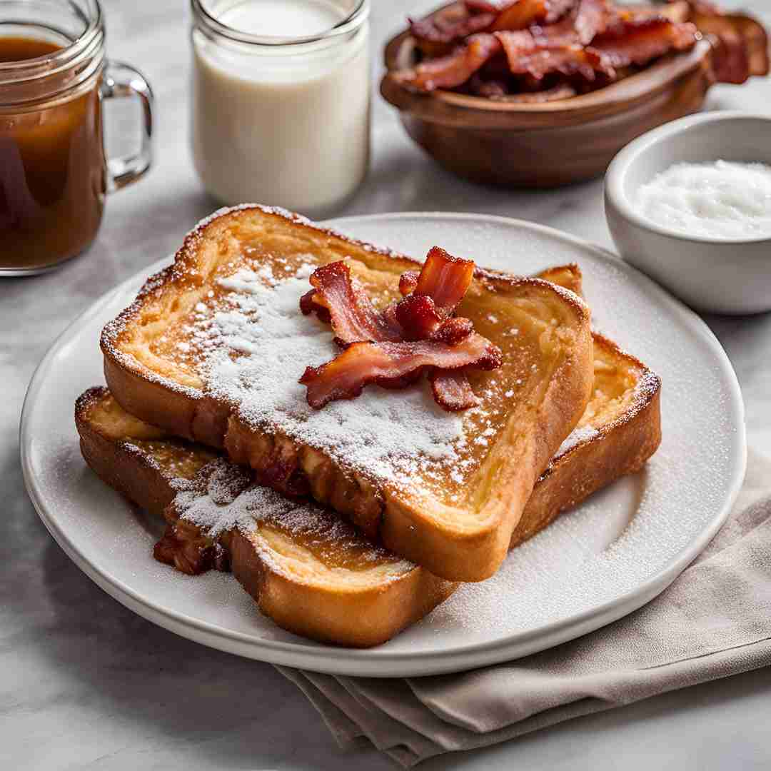 A plate of savory French toast topped with bacon and cheddar cheese.