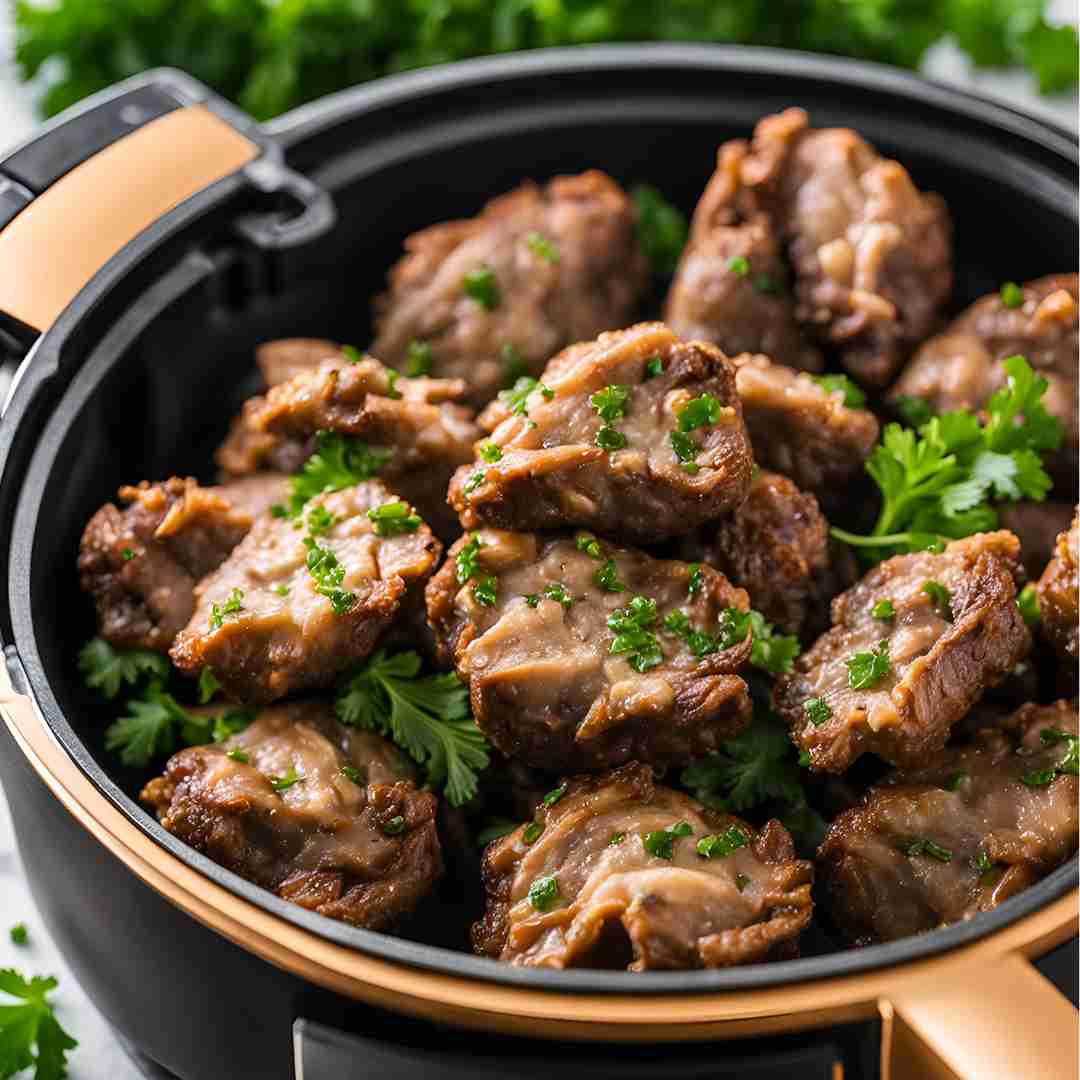 golden-brown chicken livers in the basket of an air fryer.